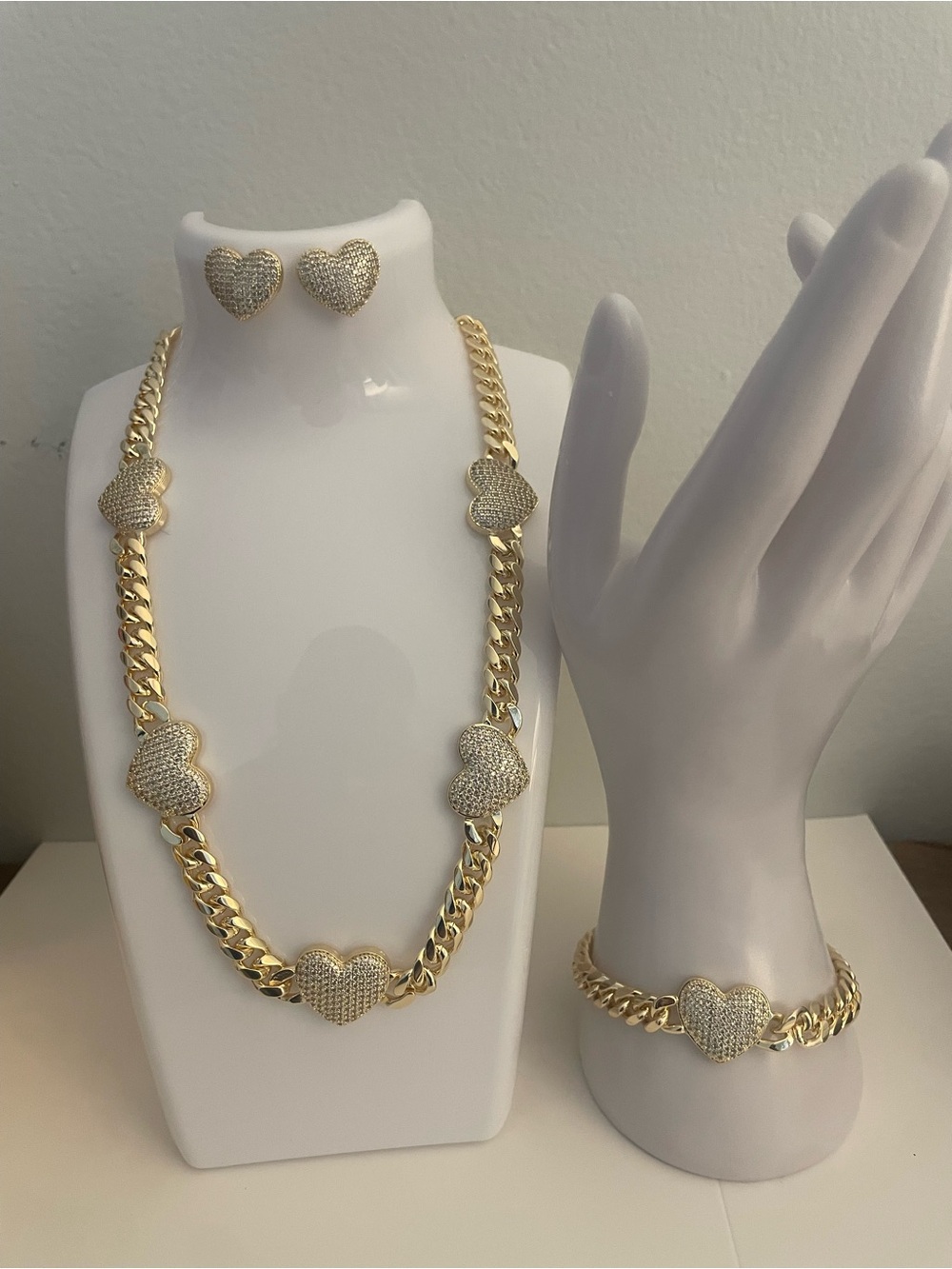 Gold Heart Pavé Necklace, Bracelet & Stud Earring Set